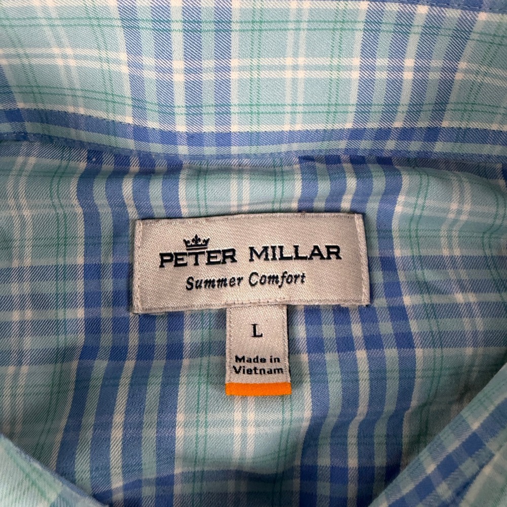 Peter Millar Button Down Shirt Mens L Blue Green Plaid Long Sleeve Performance - Picture 3 of 10